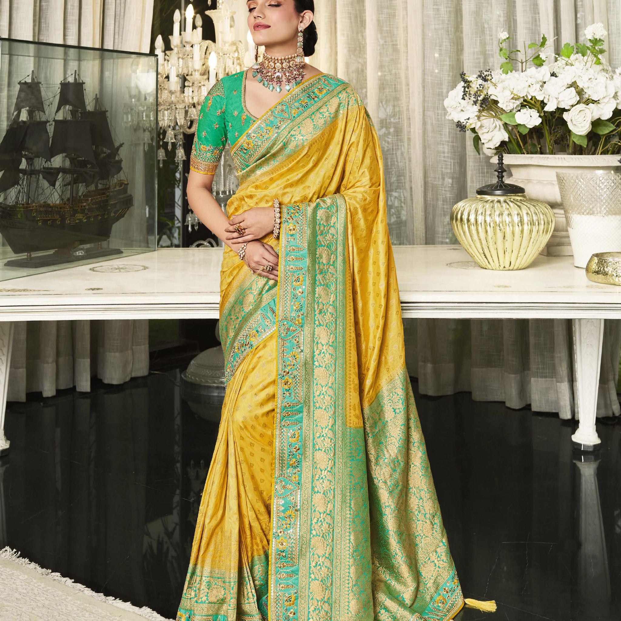 Yellow Firozi Saree Embroidery Work Readymade Wedding Wear Suits