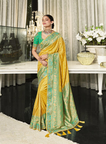 Yellow Firozi Saree Embroidery Work Readymade Wedding Wear Suits