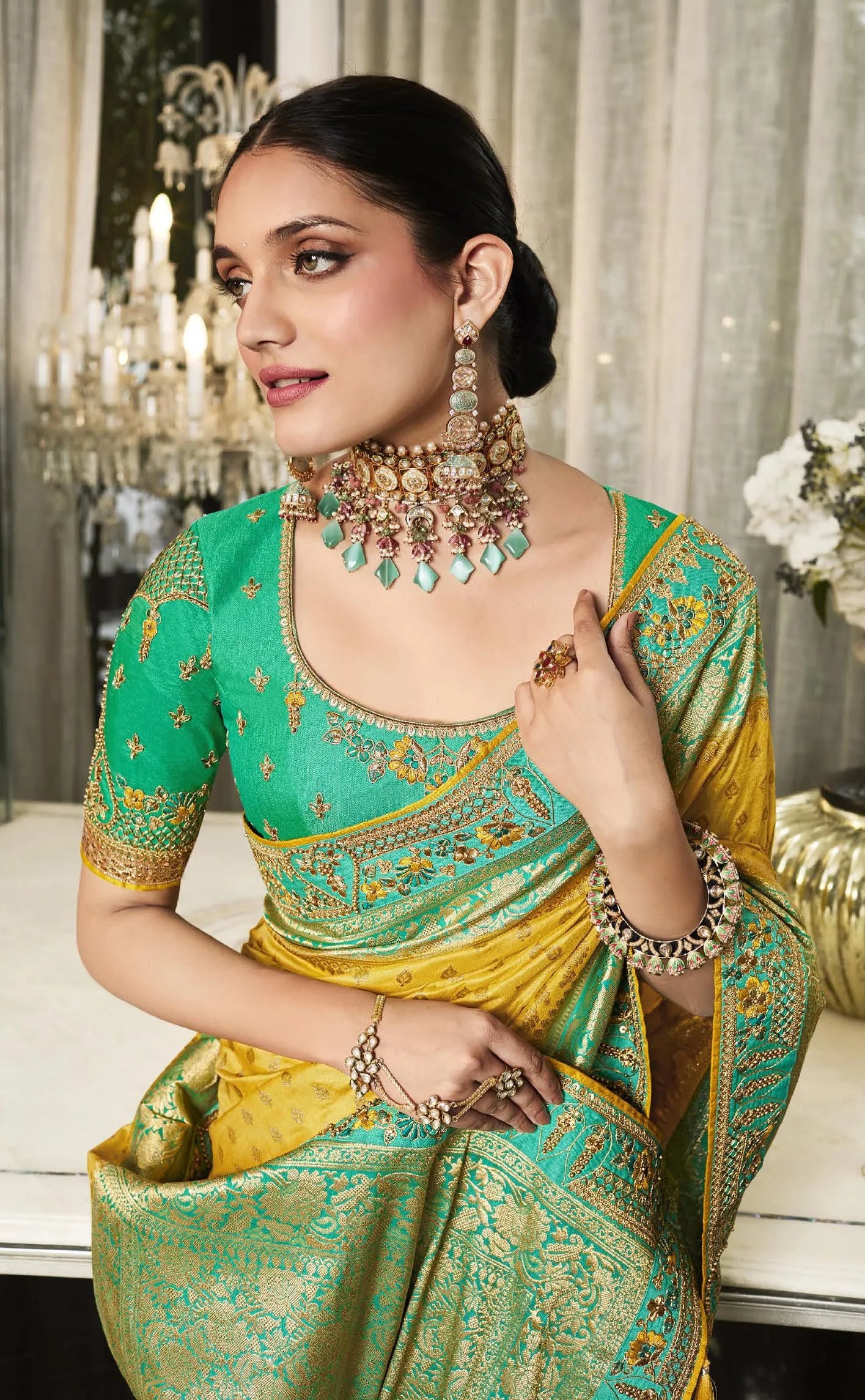 Yellow Firozi Saree Embroidery Work Readymade Wedding Wear Suits