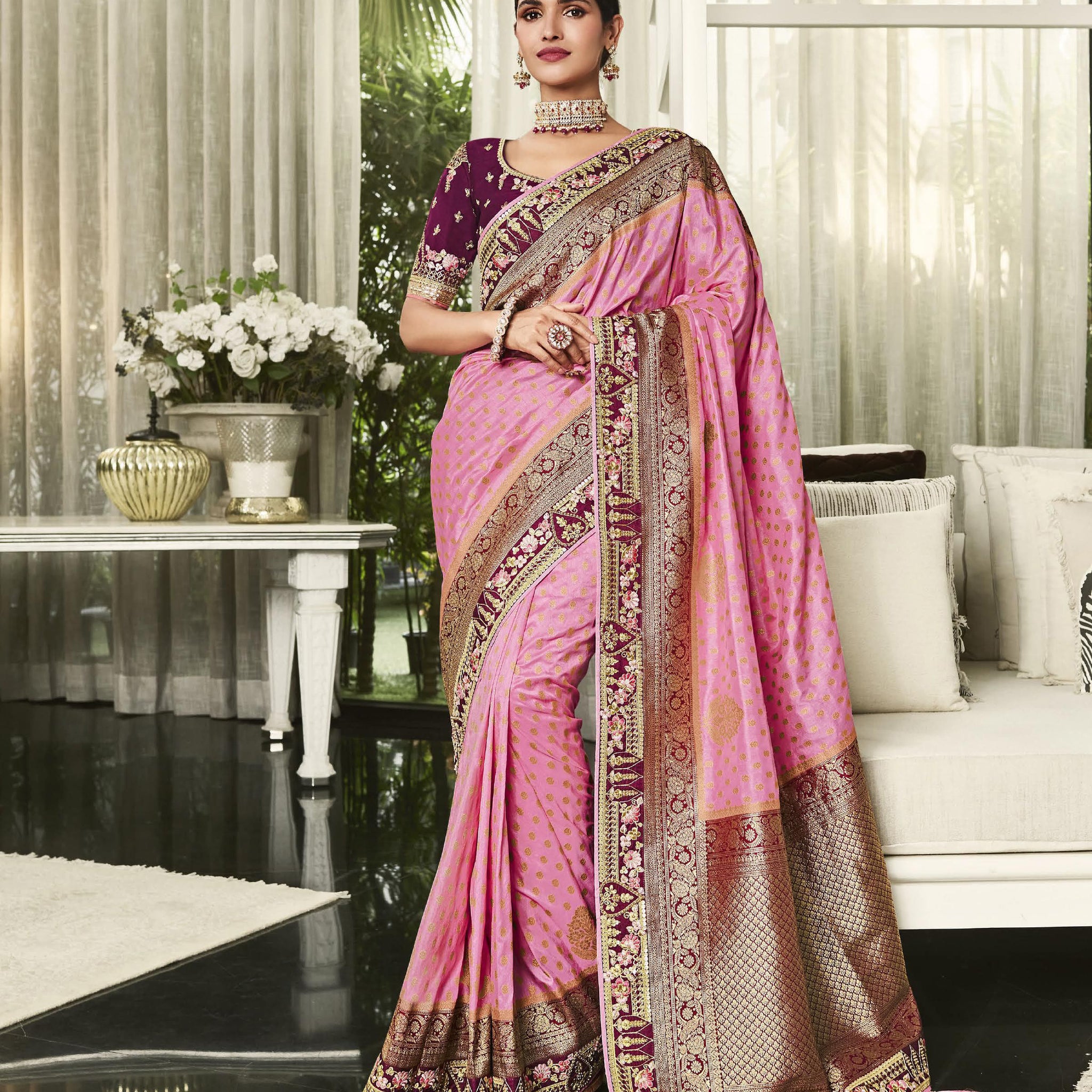 Stunning Pink Color Embroidered Border Work Party Style Dola Saree