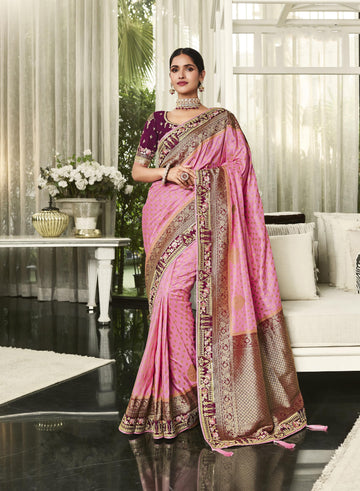 Stunning Pink Color Embroidered Border Work Party Style Dola Saree