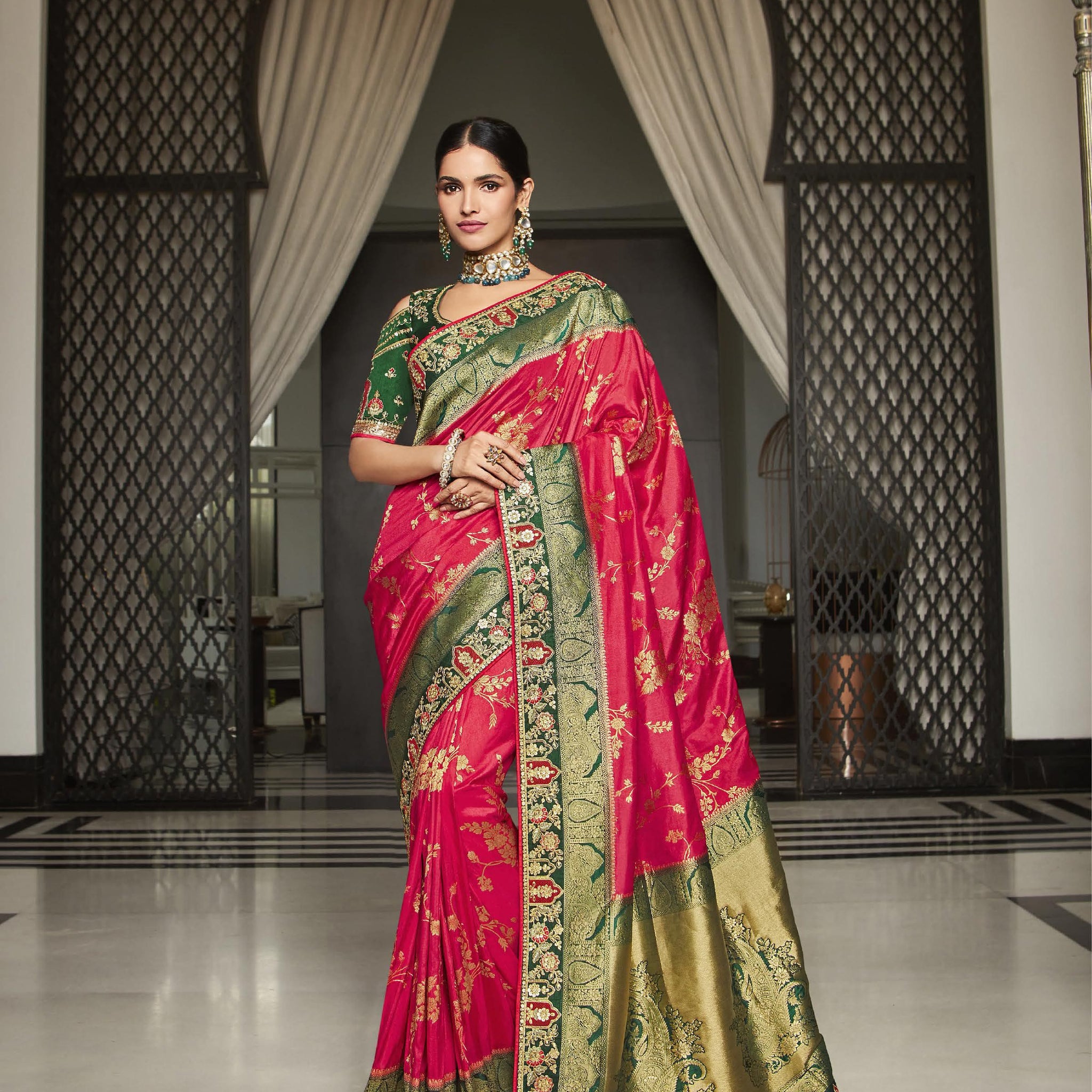 Trending Cherry Green Color Designer Wedding Party Wear Saree With Fancy Blouse