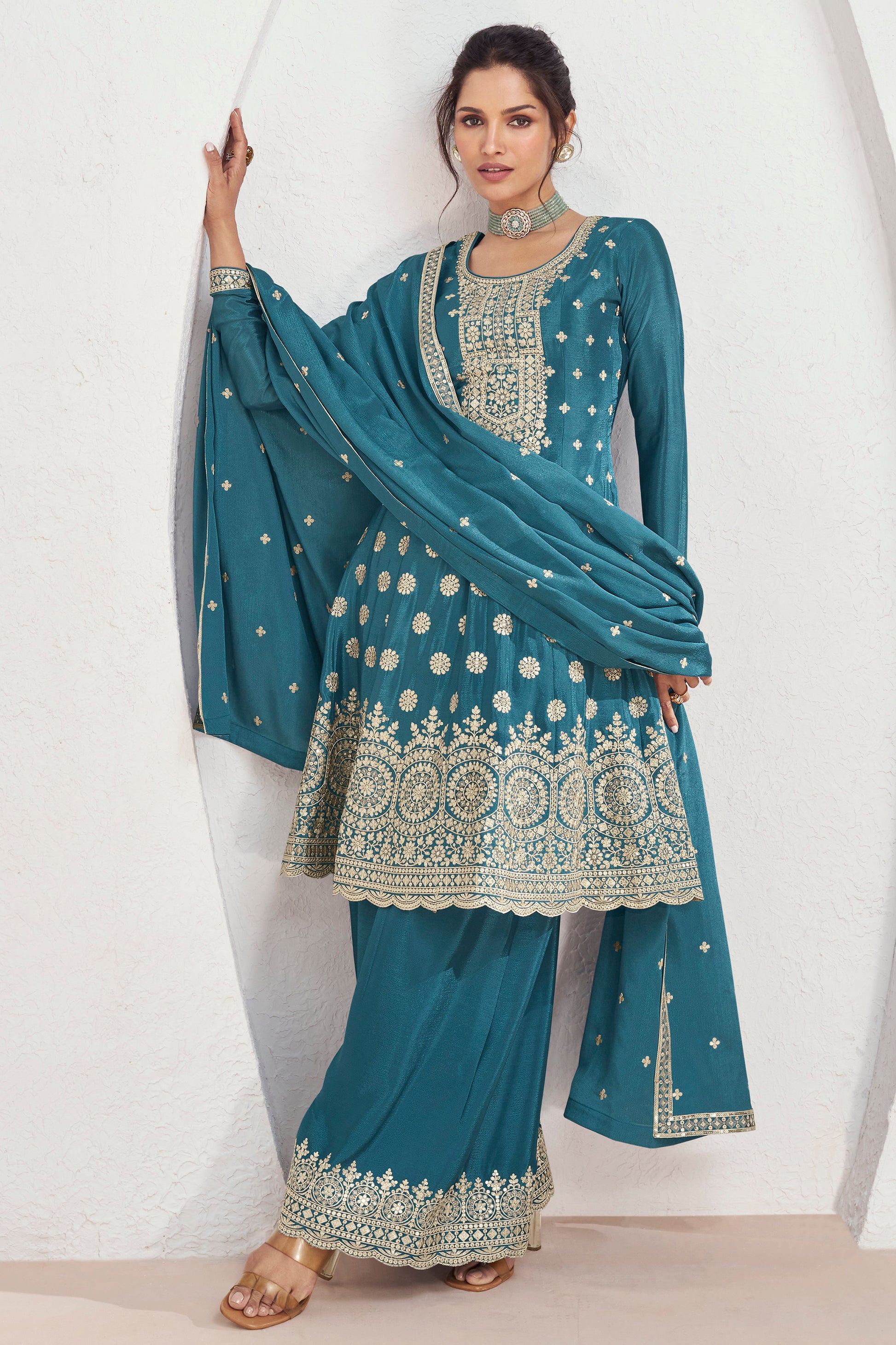 Roka Nikah Wear Pakistani Style Thread Embroidery Work Salwar Kameez Plazzo Suit