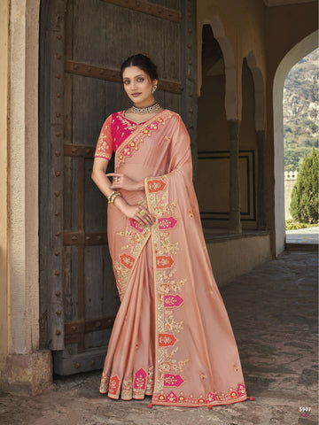 Amazing Morpich Color Silk Fabric Patch Work Wedding Special Saree