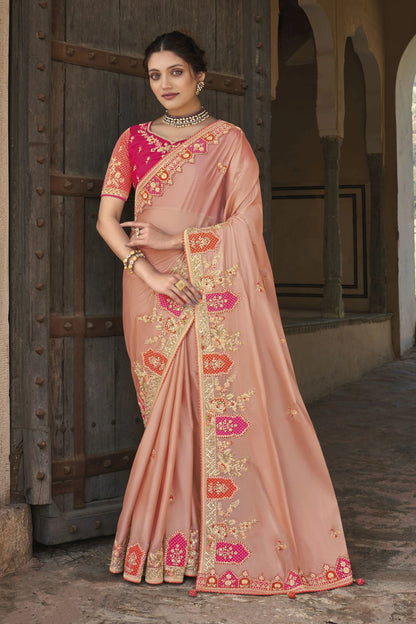 Amazing Morpich Color Silk Fabric Patch Work Wedding Special Saree