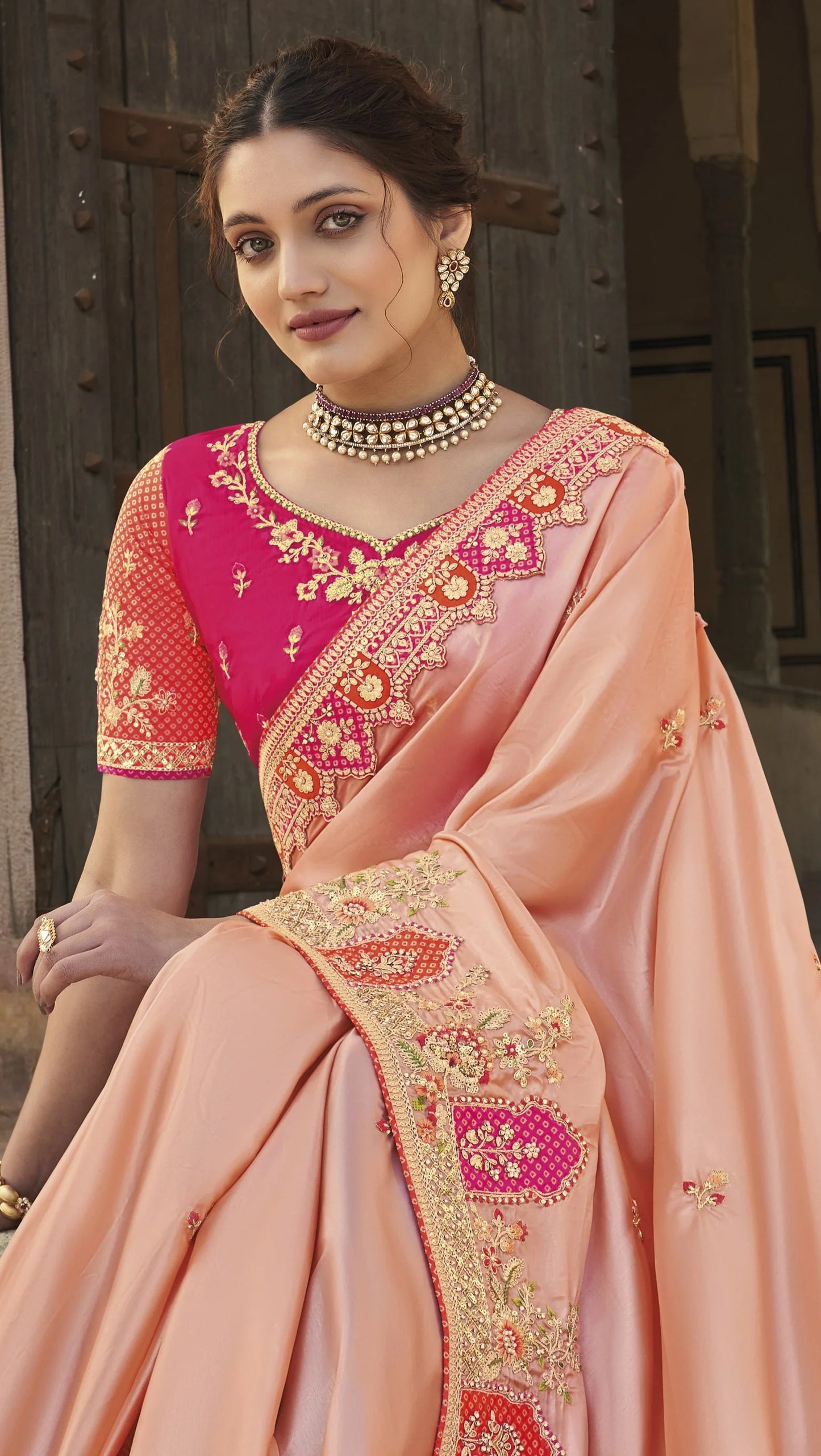 Amazing Morpich Color Silk Fabric Patch Work Wedding Special Saree