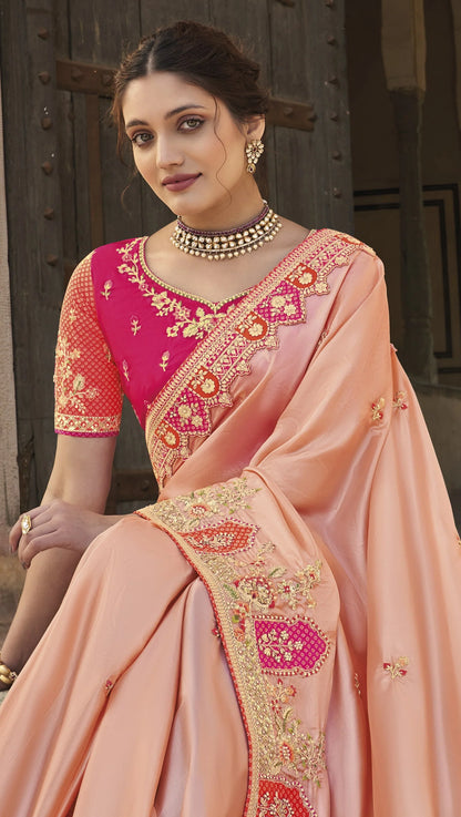 Amazing Morpich Color Silk Fabric Patch Work Wedding Special Saree