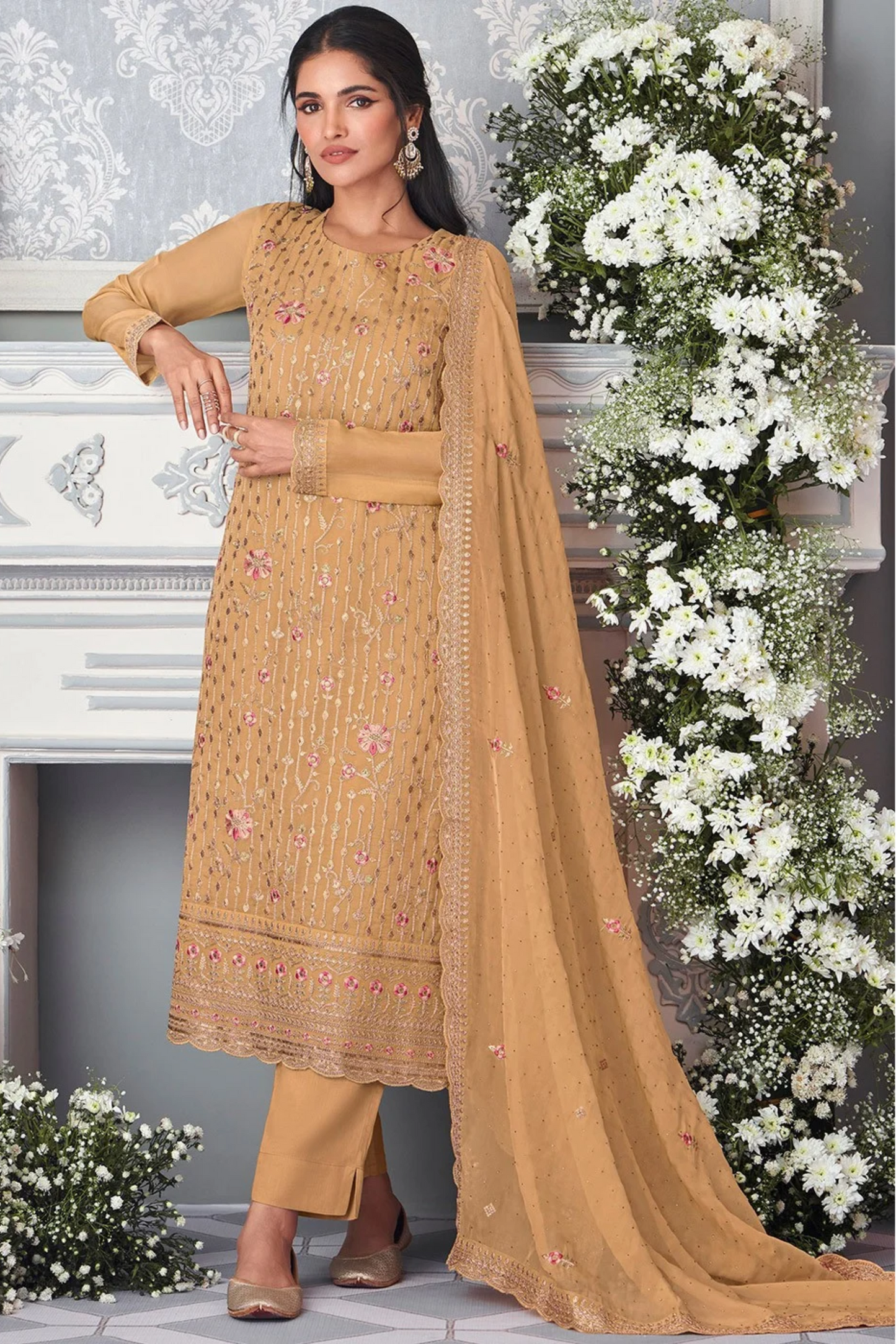 Refined Santoon Fabric Salwar Kameez Pant Suit with Fine Embroidery Work