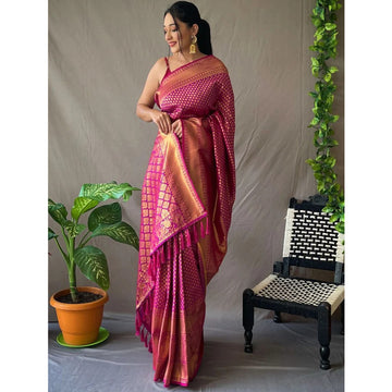 Bollywood Stylish Rosy Pink Color Woven Work Silk Material Festival Wear Saree