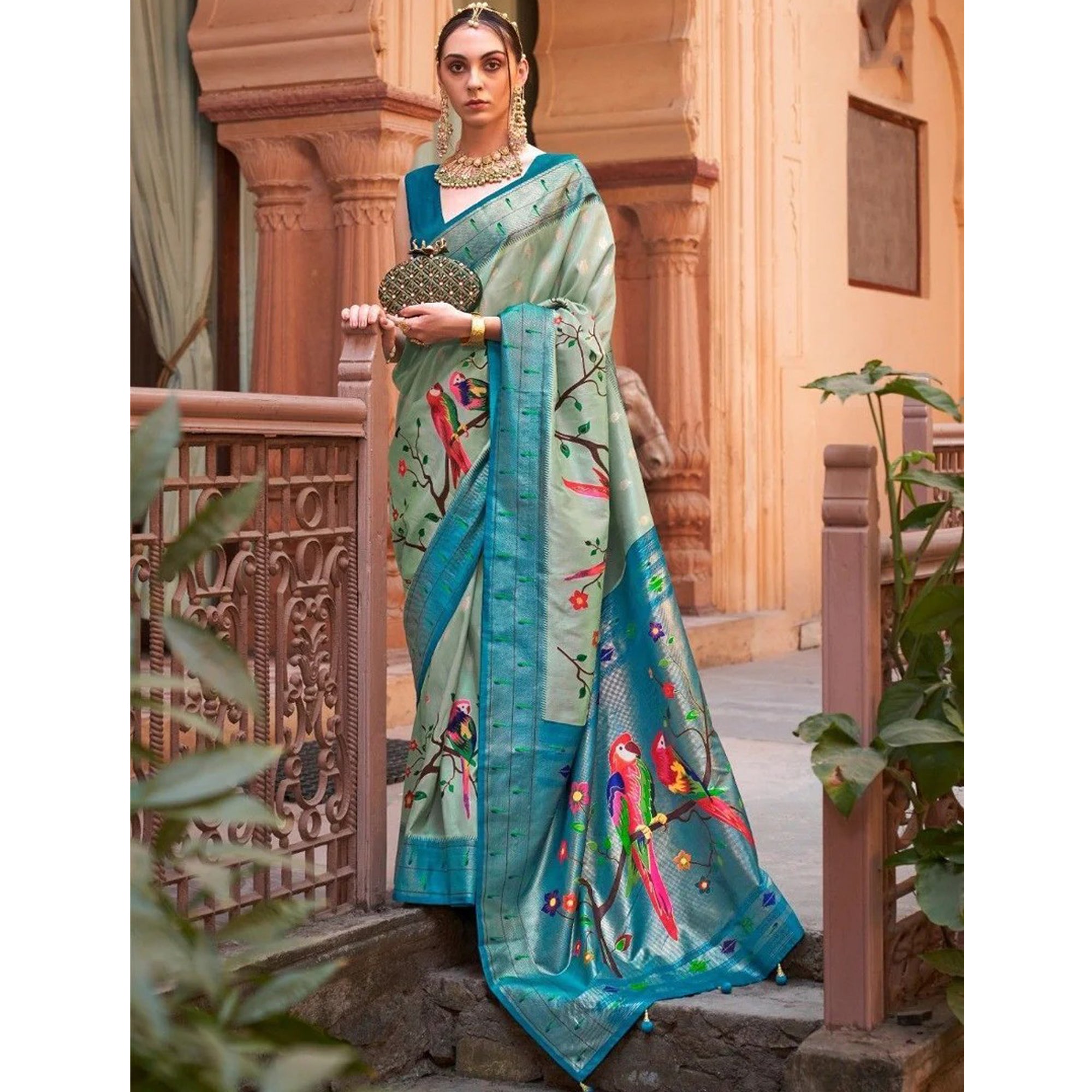 Aqua Blue Color Paithani Print wedding Event Wear Silk Saree With Stitched Blouse
