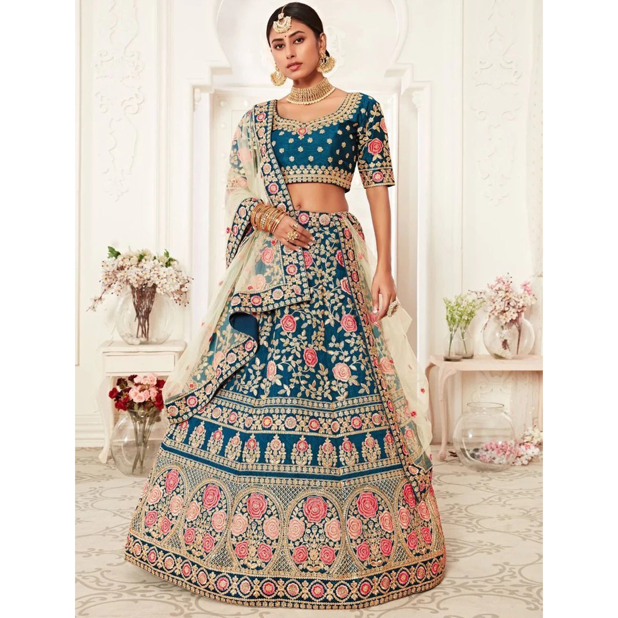 Teal Blue Color Bridal Wear Silk Embroidery Lehenga Choli With Net Duptta