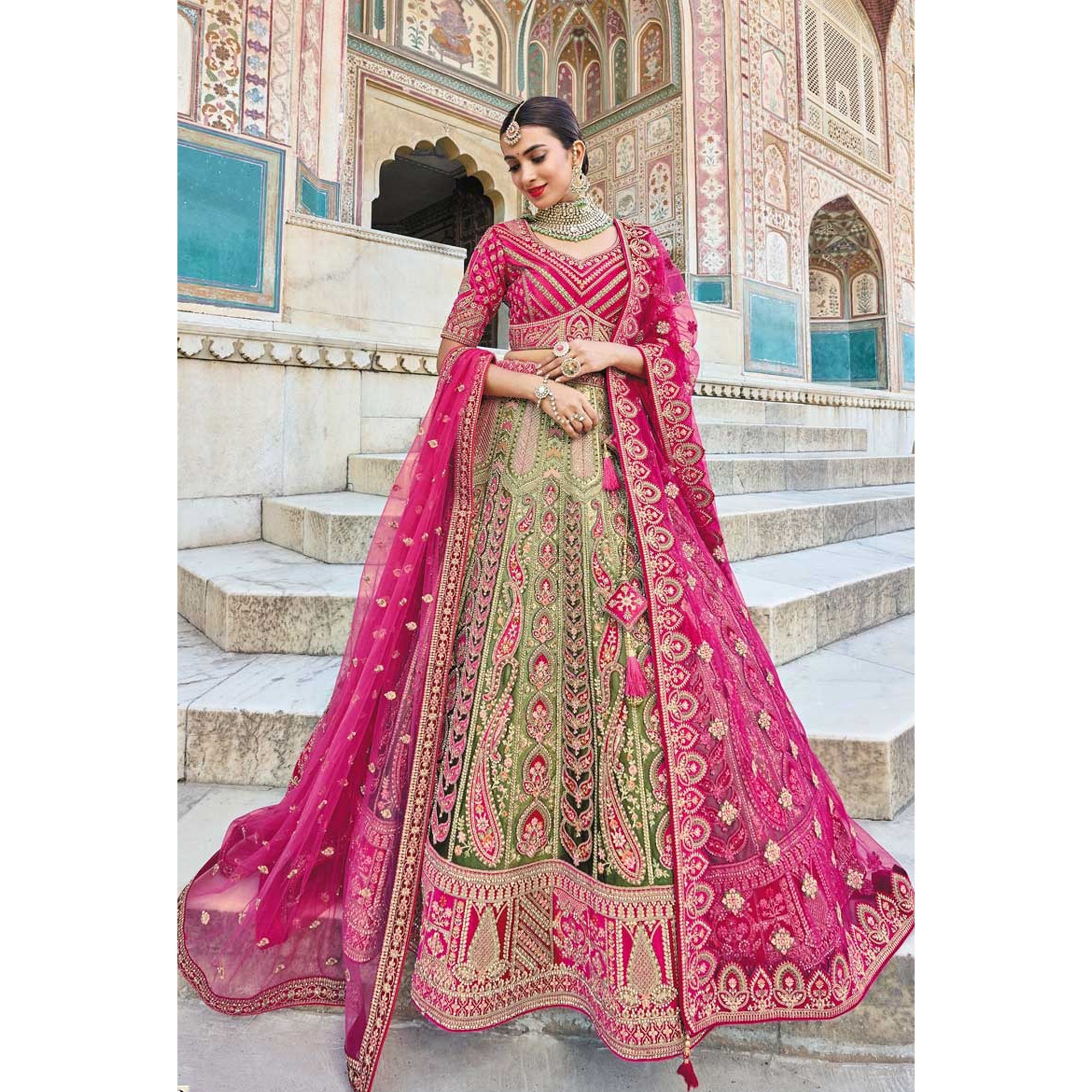 Stunning Silk Fabric Pink Color Embroidery Work Bridal Outfit Lehenga Choli