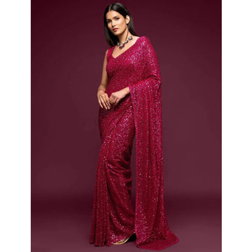 Pink Color Designer Sequins Work Festival Wear Saree With Fancy BLouse