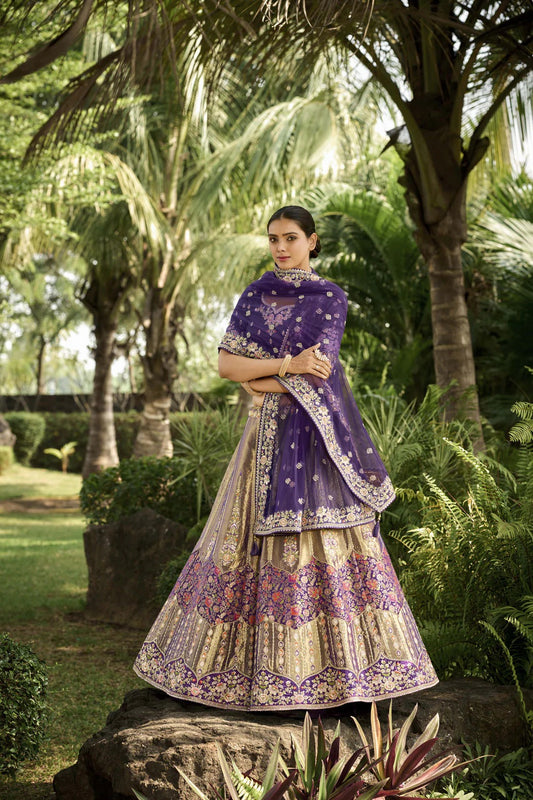 Mesmerizing Heavy Embroidery Work With Jari Tissue Fabric Lehenga Choli