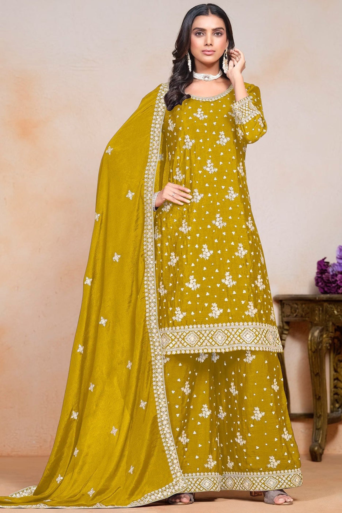 Indian Traditional Wear Chinon Fabric Salwar Kameez Plazzo Suit With Dupatta