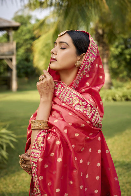 Amazing Rani Orange Color Banarasi Silk Fabric Wedding Wear Lehenga Choli