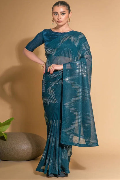 Beutiful Teal Blue Color Sequins Work Wedding Reception Wear Fancy Saree