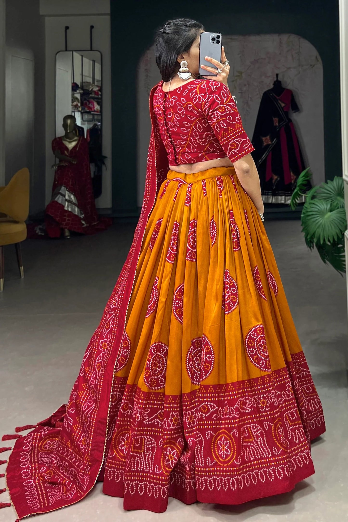 Attractive Ready To Wear Lehenga Choli Of Tussar Silk With Bandhani Print Work And Work Of Digital Print With Dupatta