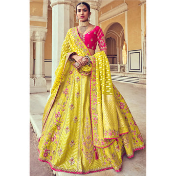 Engaging Yellow Color Resham & Thread Work Wedding Wear Lehenga Choli With Silk Dupatta