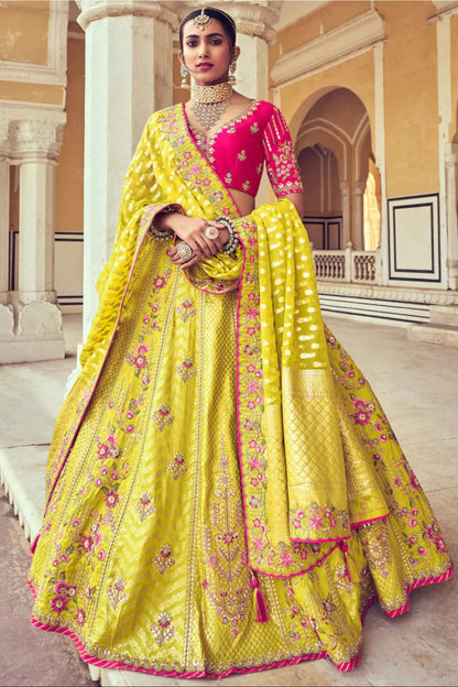 Engaging Yellow Color Resham & Thread Work Wedding Wear Lehenga Choli With Silk Dupatta