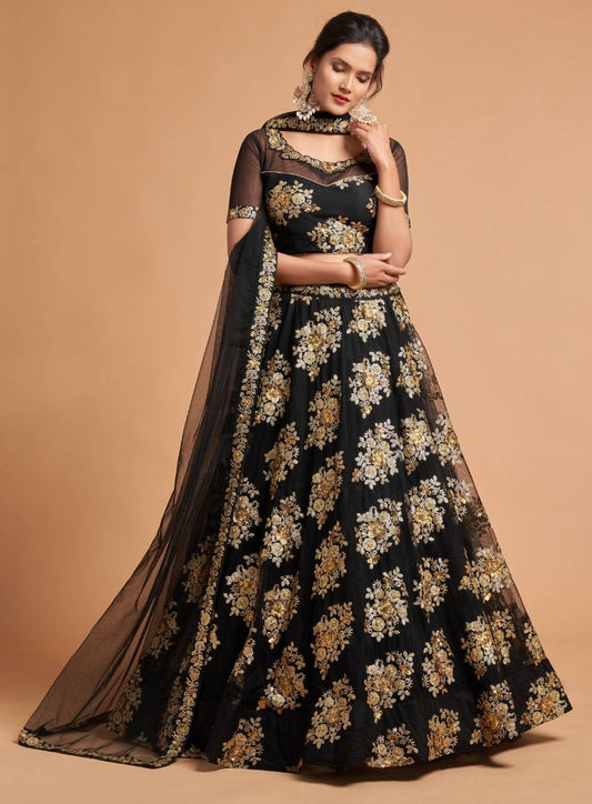 Indian Designer Reception Wear Black Color Net Sequins Lehenga Choli With Dupatta