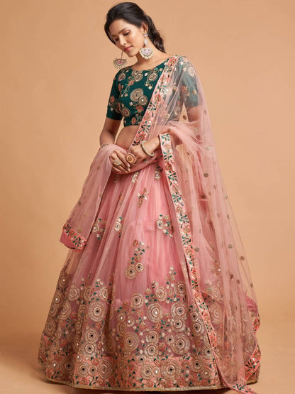 Peach Embroidery & Sequins Work Lehenga Choli With Green Color Stylish Blouse