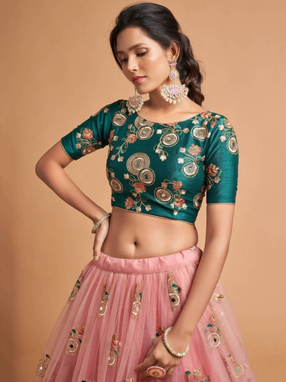 Peach Embroidery & Sequins Work Lehenga Choli With Green Color Stylish Blouse