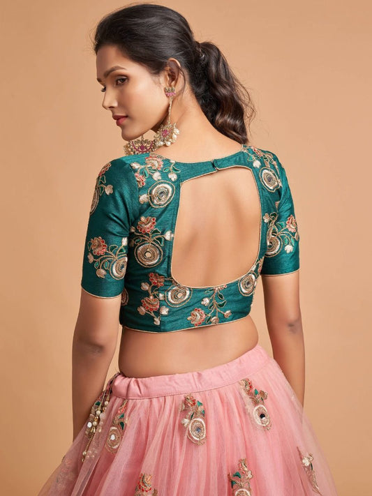 Peach Embroidery & Sequins Work Lehenga Choli With Green Color Stylish Blouse