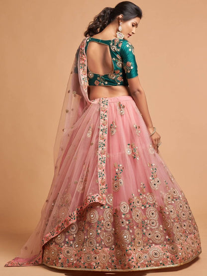 Peach Embroidery & Sequins Work Lehenga Choli With Green Color Stylish Blouse