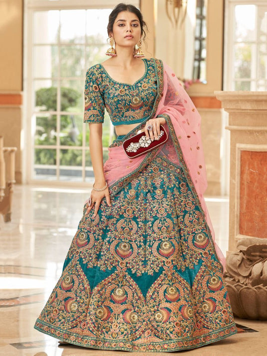 Georgeous Blue Color Embroidery Work Velvet Fabric Bridal Outfit Lehenga Choli With Pink Net Dupatta