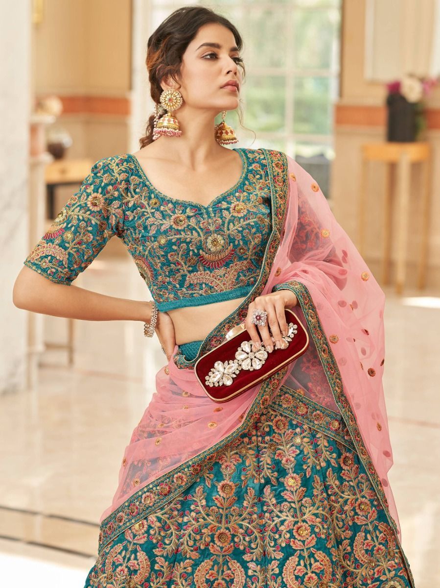 Georgeous Blue Color Embroidery Work Velvet Fabric Bridal Outfit Lehenga Choli With Pink Net Dupatta