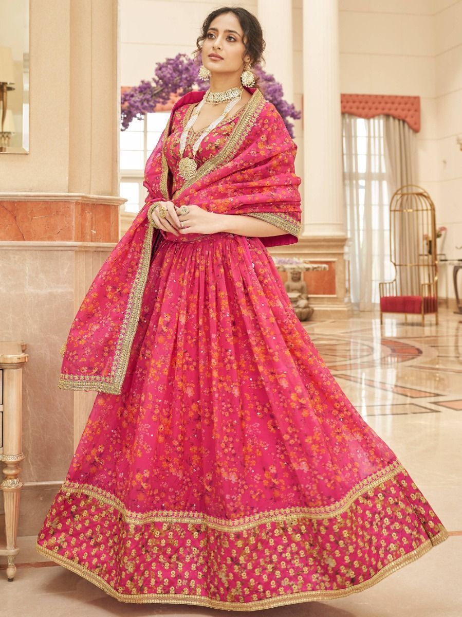 Delightful pink Color Floral Printed Organza Fabric Traditional Wear Lehenag Choli