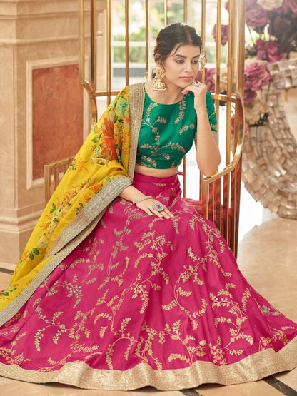 Amazing Mesmerizing Pink Sequins Work Art Silk Lehenga Choli With Yellow Color Organza Fabric