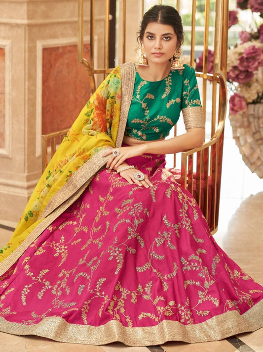 Amazing Mesmerizing Pink Sequins Work Art Silk Lehenga Choli With Yellow Color Organza Fabric