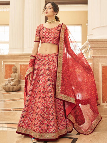 Incredible Red Color Embroidery Work Art Silk Material Wedding Reception Wear Lehenga choli