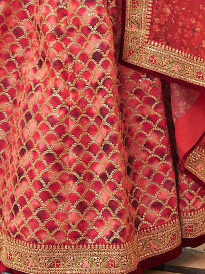 Incredible Red Color Embroidery Work Art Silk Material Wedding Reception Wear Lehenga choli