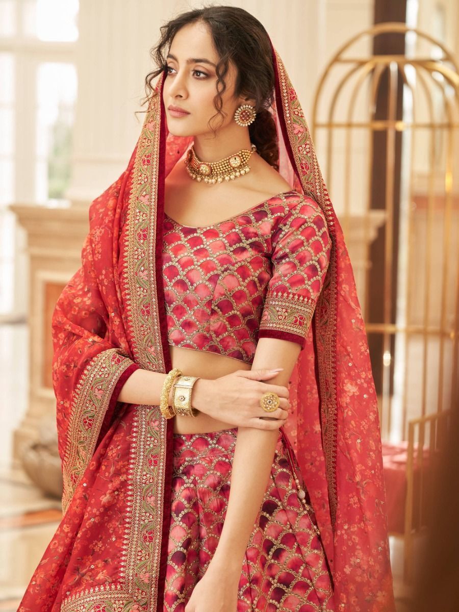 Incredible Red Color Embroidery Work Art Silk Material Wedding Reception Wear Lehenga choli