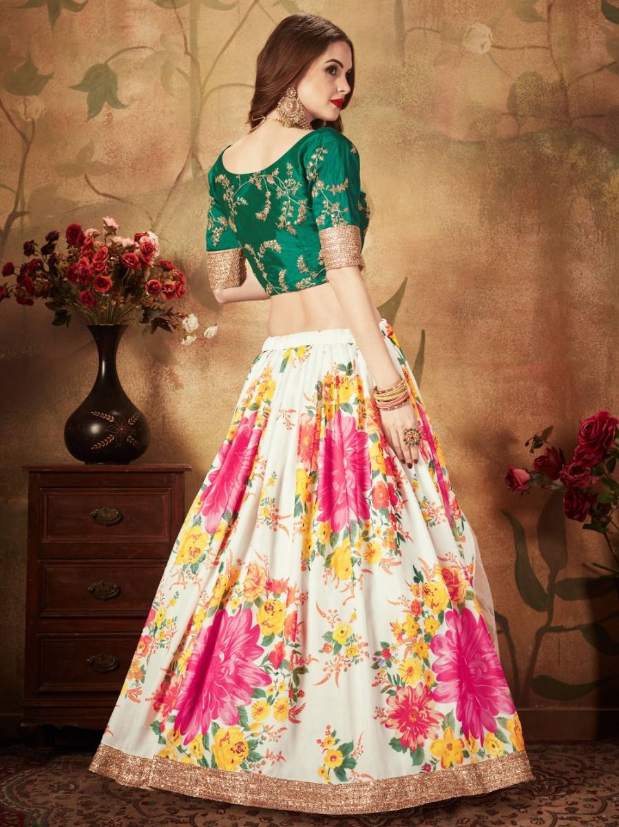 Indian Festival Wear Embroidery & Sequins Work Floral Printed Silk Material Lehenga Choli