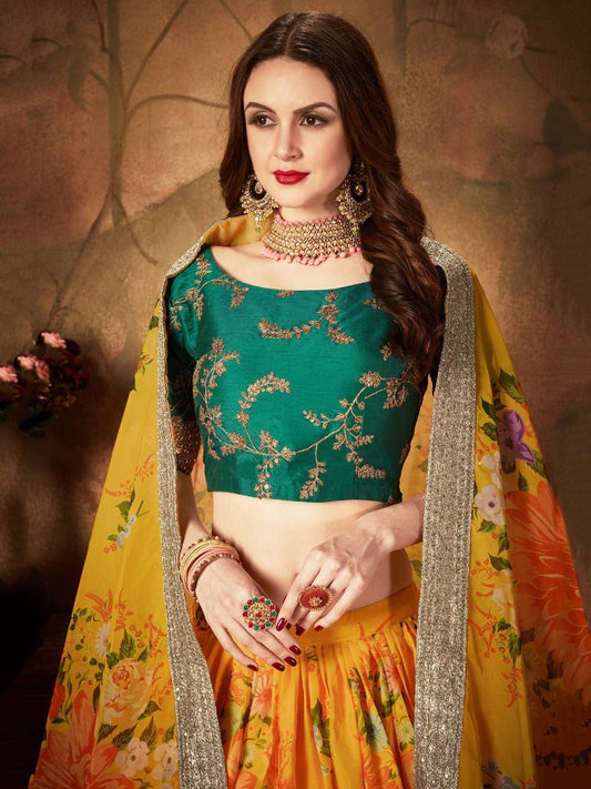 Awesome Yellow Color Designer Embroidery Work Floral Printed Lehenga Choli