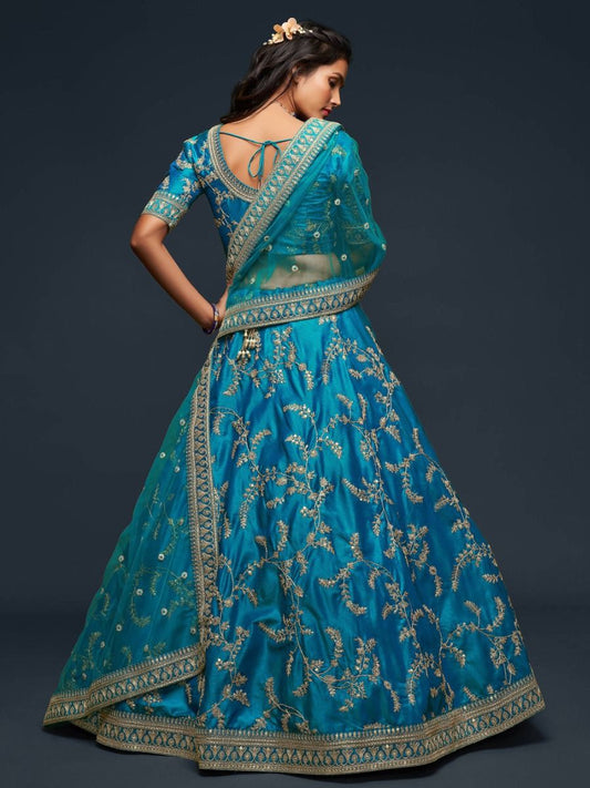 Awesome Navy Blue Color Designer Ready To Wear Lehenga Choli Art Silk Embroidery Work With Net Dupatta