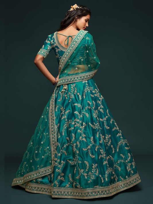 Greatest Green Color Thread Embroidery Work Lehenga Choli Ready To Wear With Net Dupatta