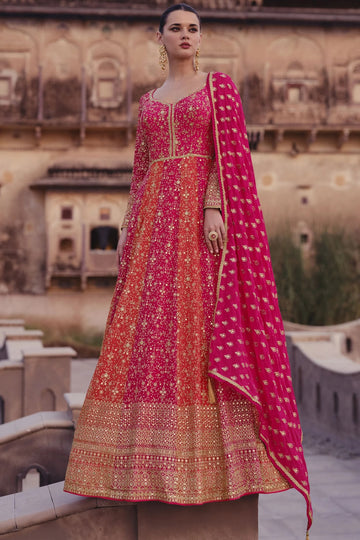 Pink Color Heavy Worked Indian Pakistani Wedding Wear Long Flared Anarkali Gown