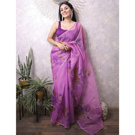 Amazing Lavender Color Floral Printed Heavy Banglory Material Saree With Blouse