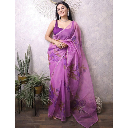 Amazing Lavender Color Floral Printed Heavy Banglory Material Saree With Blouse