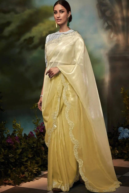 Improbabale Light Yellow Color Designer Silk Saree With Woven Work Blouse