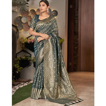 Indian Pakistani Designer Dark Grey Color Woven Work Silk Wedding Wear Saree