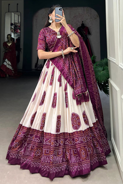 Elegant Ready To Wear Purple Color lehenga Choli With Dupatta Of Bandhani Print Work And Lehenga Choli Of Tussar Silk With Bandhani Print Work