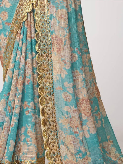 Stunning Sky Blue Floral Printed Organza Fabric Party Wear Saree With Blouse