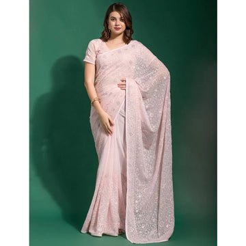 Bollywood Style Light Pink Color Embroidery Georgette Material Reception Wear Saree