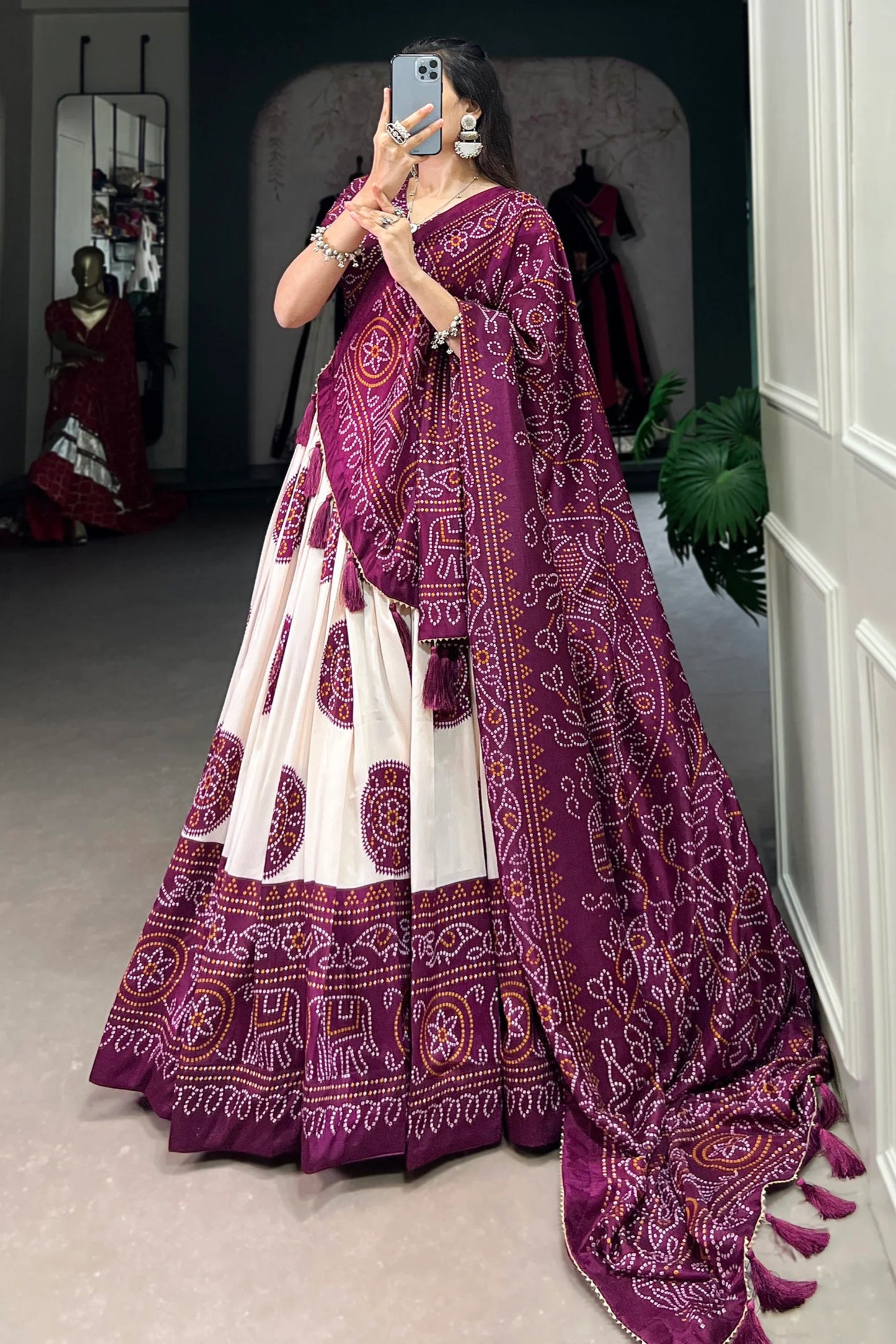 Elegant Ready To Wear Purple Color lehenga Choli With Dupatta Of Bandhani Print Work And Lehenga Choli Of Tussar Silk With Bandhani Print Work